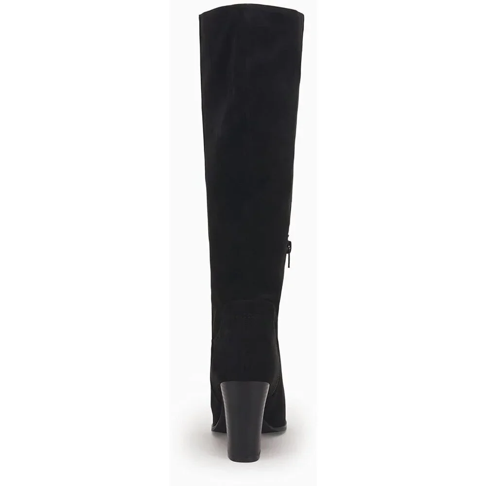 Women Faux Sueder Black Knee High Chunky Heel Side Zipper Stretch Winter Boot